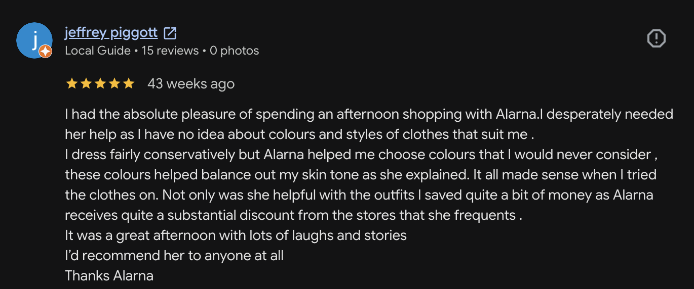 Customer review after a mens personal shopping session in Sydney