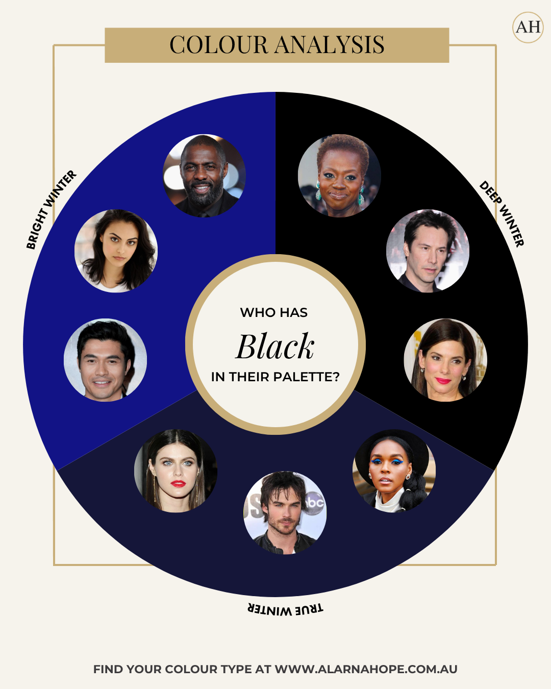 Colour Analysis diagram showing the Winter colour seasons that naturally include black in their colour palettes, with celebrity examples.