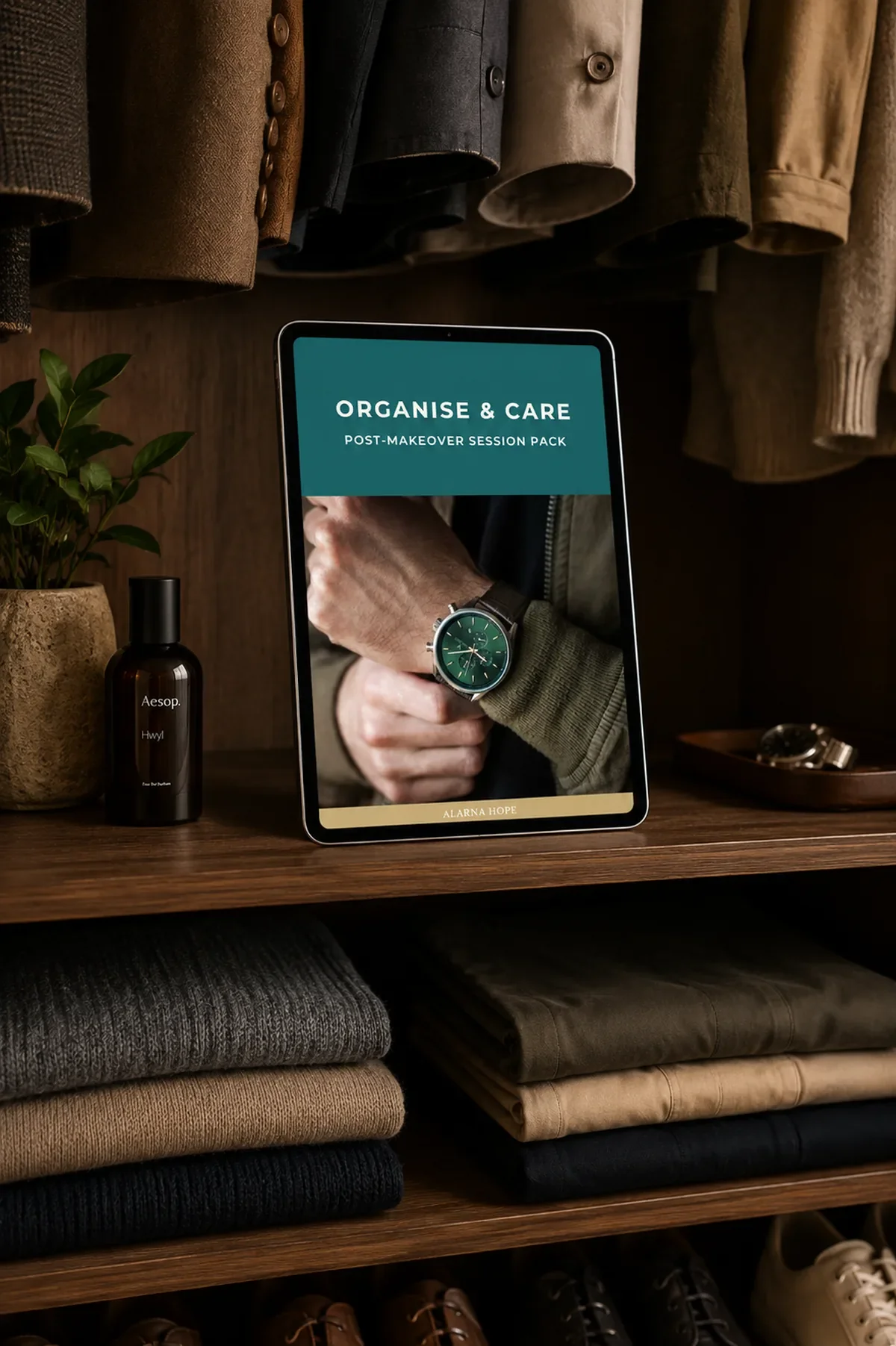 iPad displaying a men's post-style makeover guide on a shelf inside a neatly organised neutral capsule wardrobe.