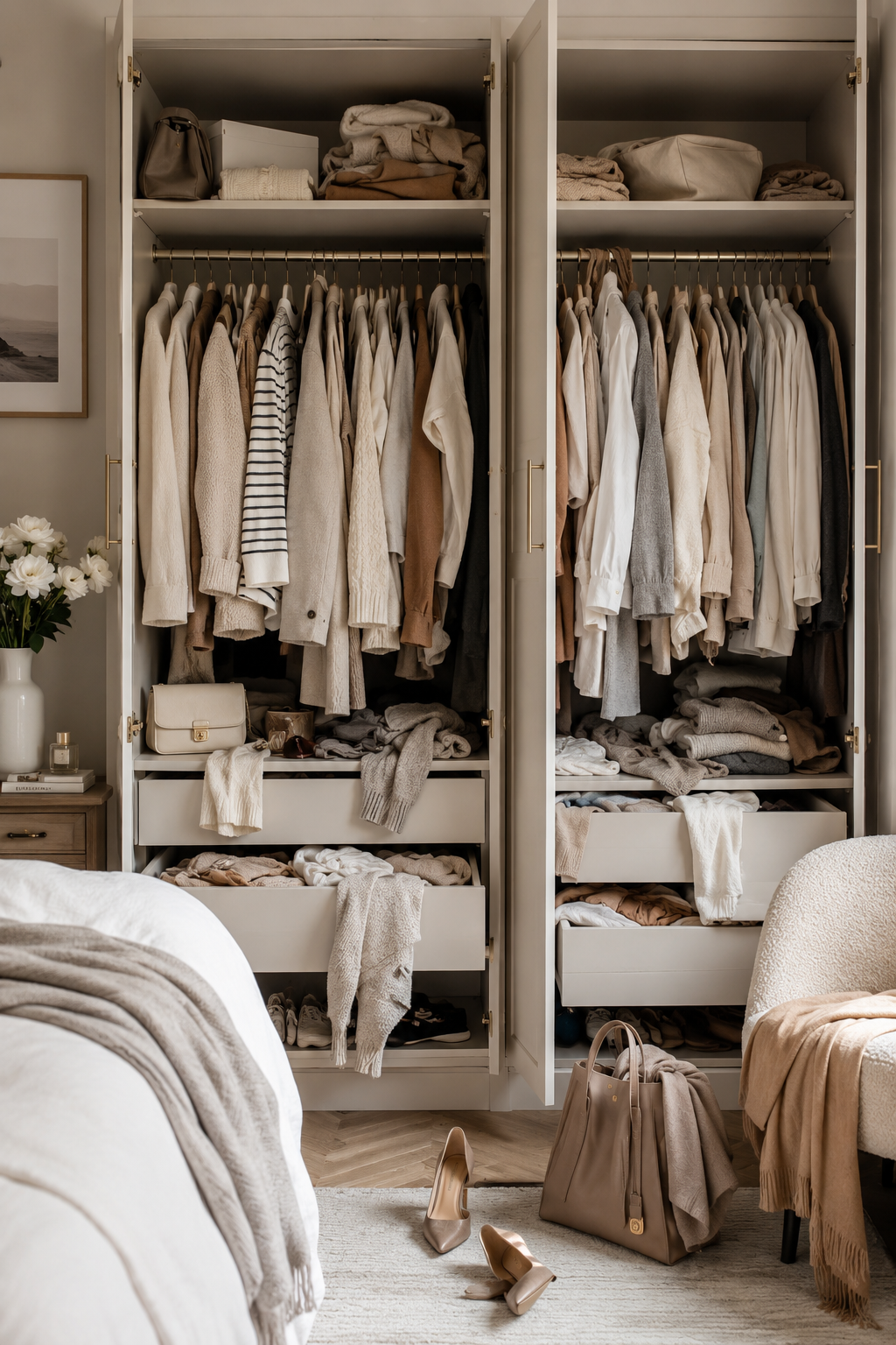 Overfilled neutral wardrobe with messy drawers, showing signs a Wardrobe Makeover may be needed.