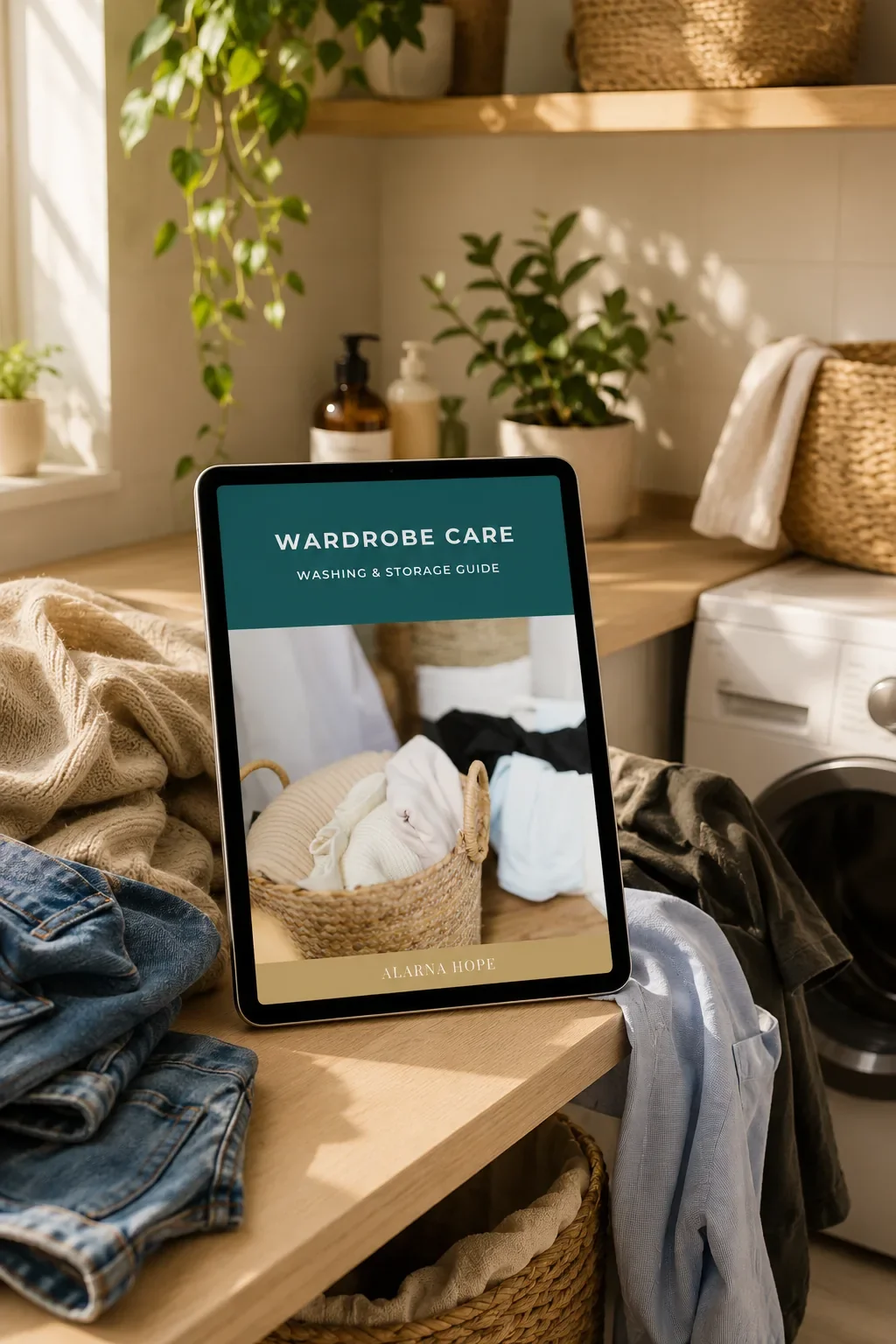 iPad displaying Alarna Hope's Wardrobe Care Washing & Storage Guide on a laundry bench with men's and women's clothing, woven baskets, indoor plants and warm natural light.