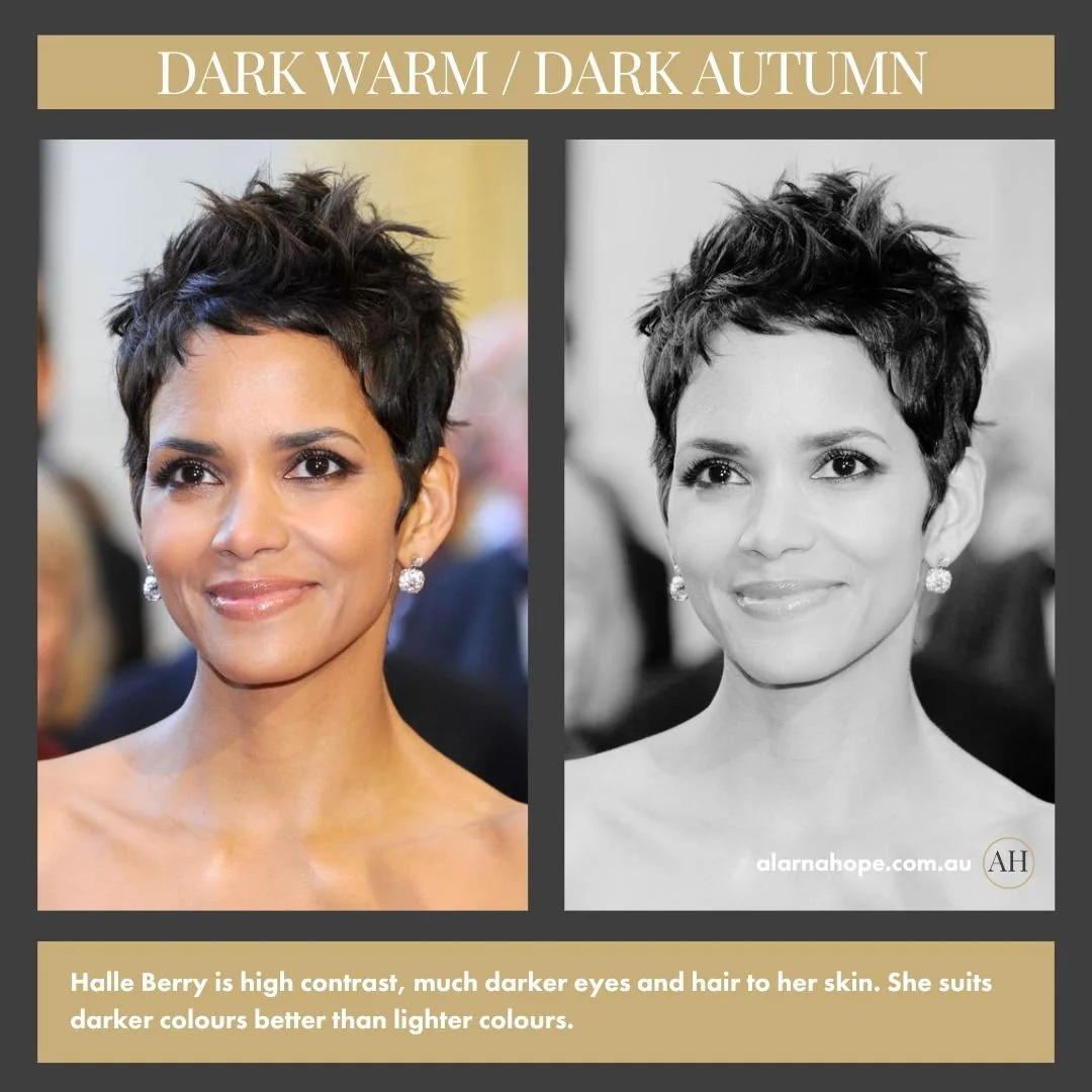 Halle Berry is a dark contrast individual and this shows her in colour and black and white to demonstrate that.