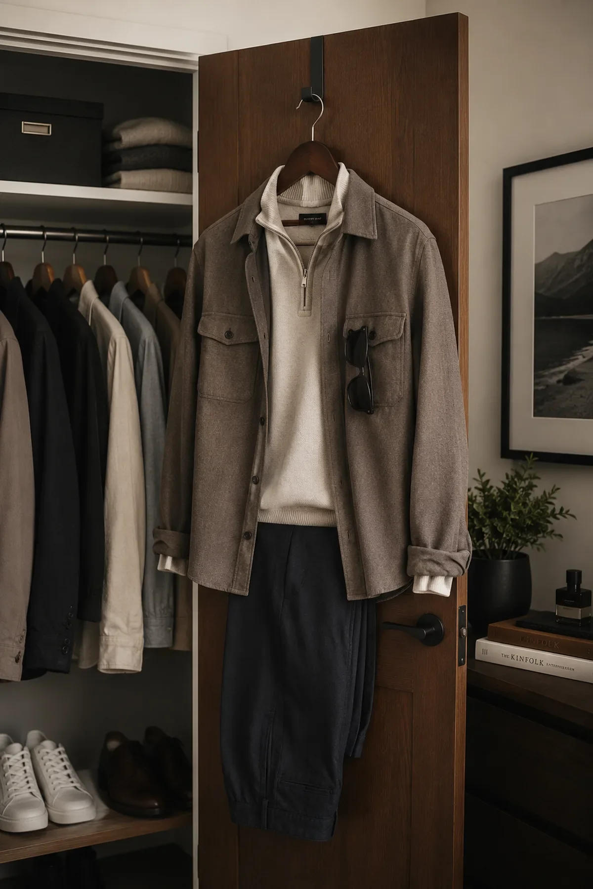Men's smart casual outfit prepared for a client. Navy chinos, grey quarter zip jumper and brown over-shirt with sunglasses.