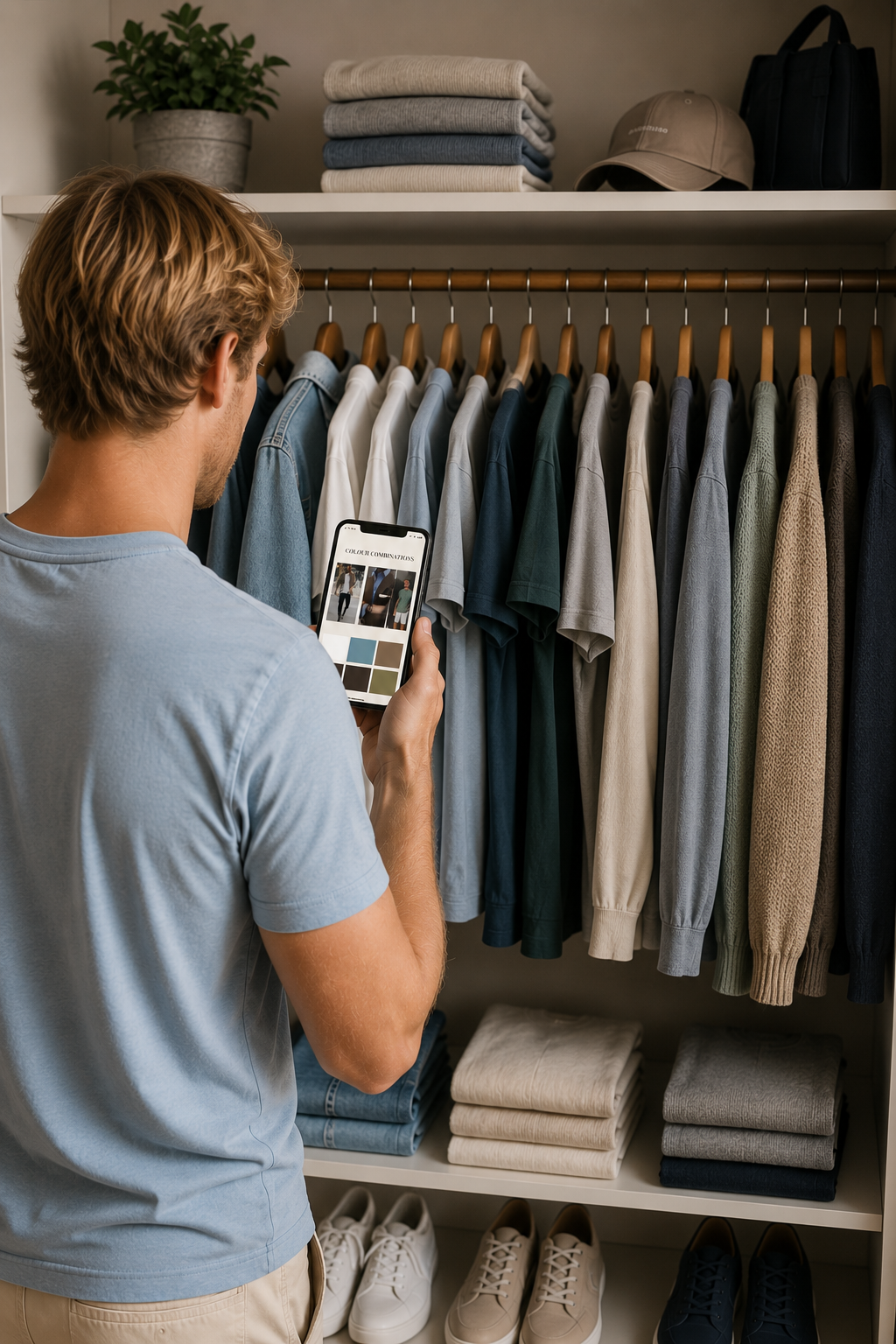 Man using his personalised Men's Colour Analysis guide to create outfit colour combinations from his wardrobe.