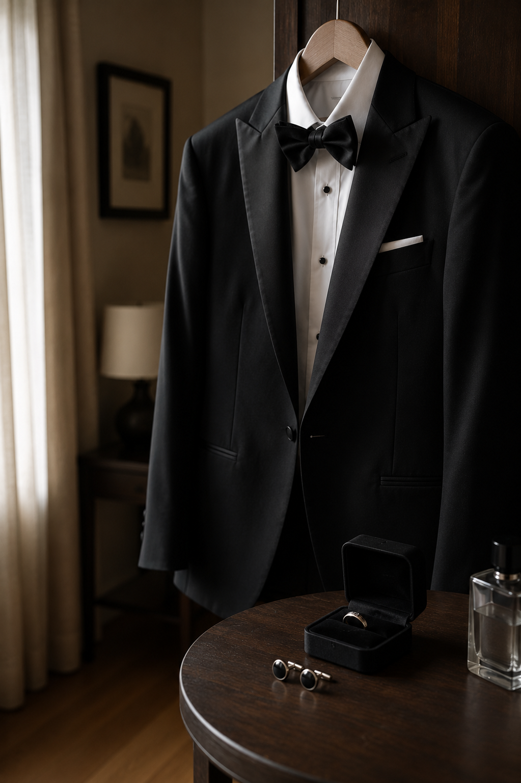 Black groom's tuxedo hanging on a wooden hanger with cufflinks and a wedding ring box on a nearby table, ready for the wedding day.