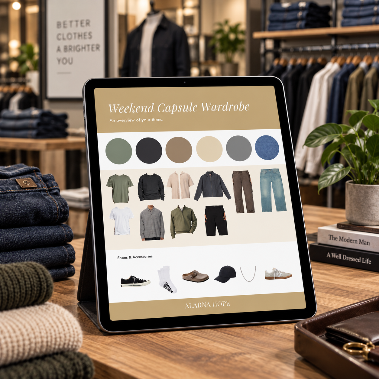 Personalised men’s weekend capsule wardrobe displayed on a tablet in a menswear store, featuring coordinated clothing, shoes and accessories.