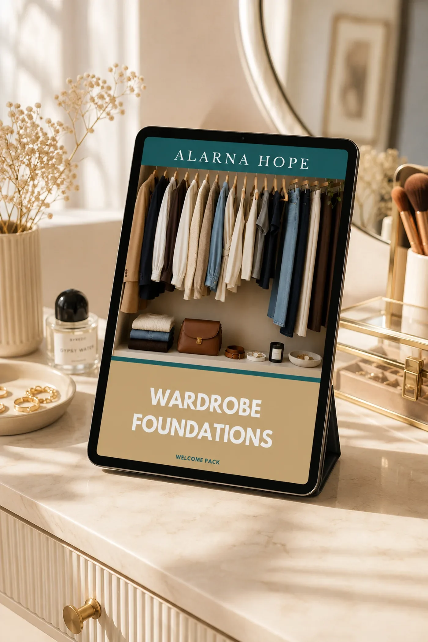 iPad displaying the Alarna Hope Wardrobe Foundations Welcome Pack on a contemporary dressing table with neutral décor and warm natural light.