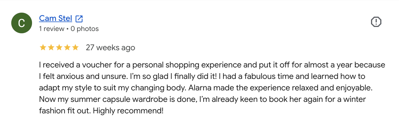 Alarna Hope reviews from a client who had a mens personal shopping service and highly recommends it.