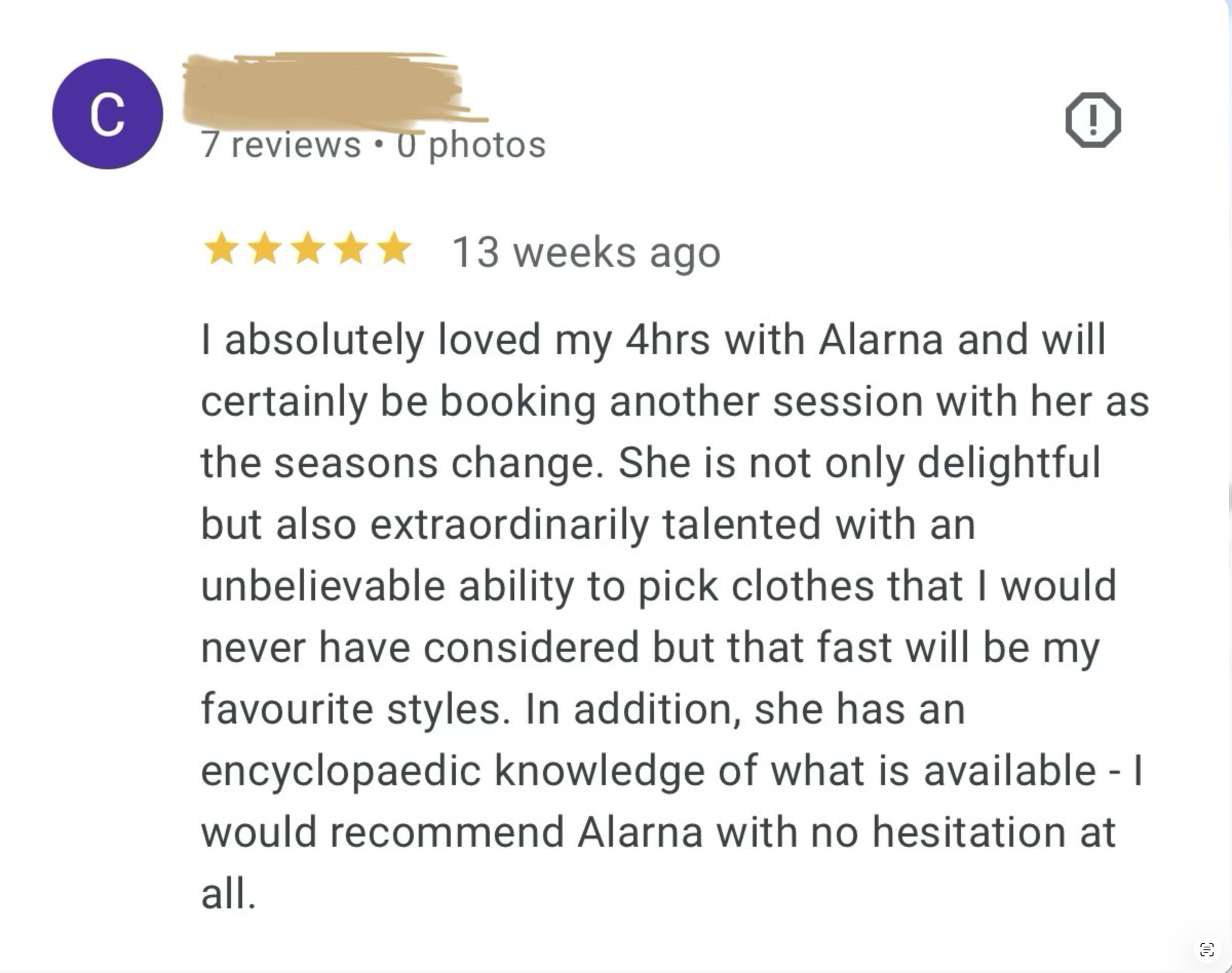 Google review from a personal shopping client praising Alarna Hope for a four-hour shopping session and expert clothing recommendations.