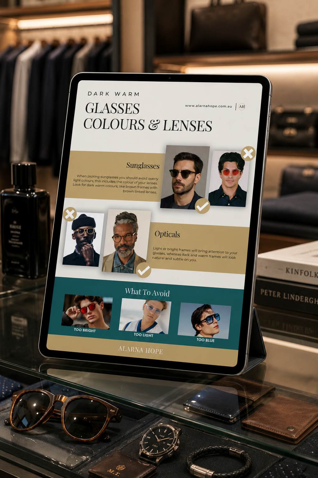 Men's Virtual Colour Analysis guide showing the best glasses frame colours and sunglasses for your colouring.