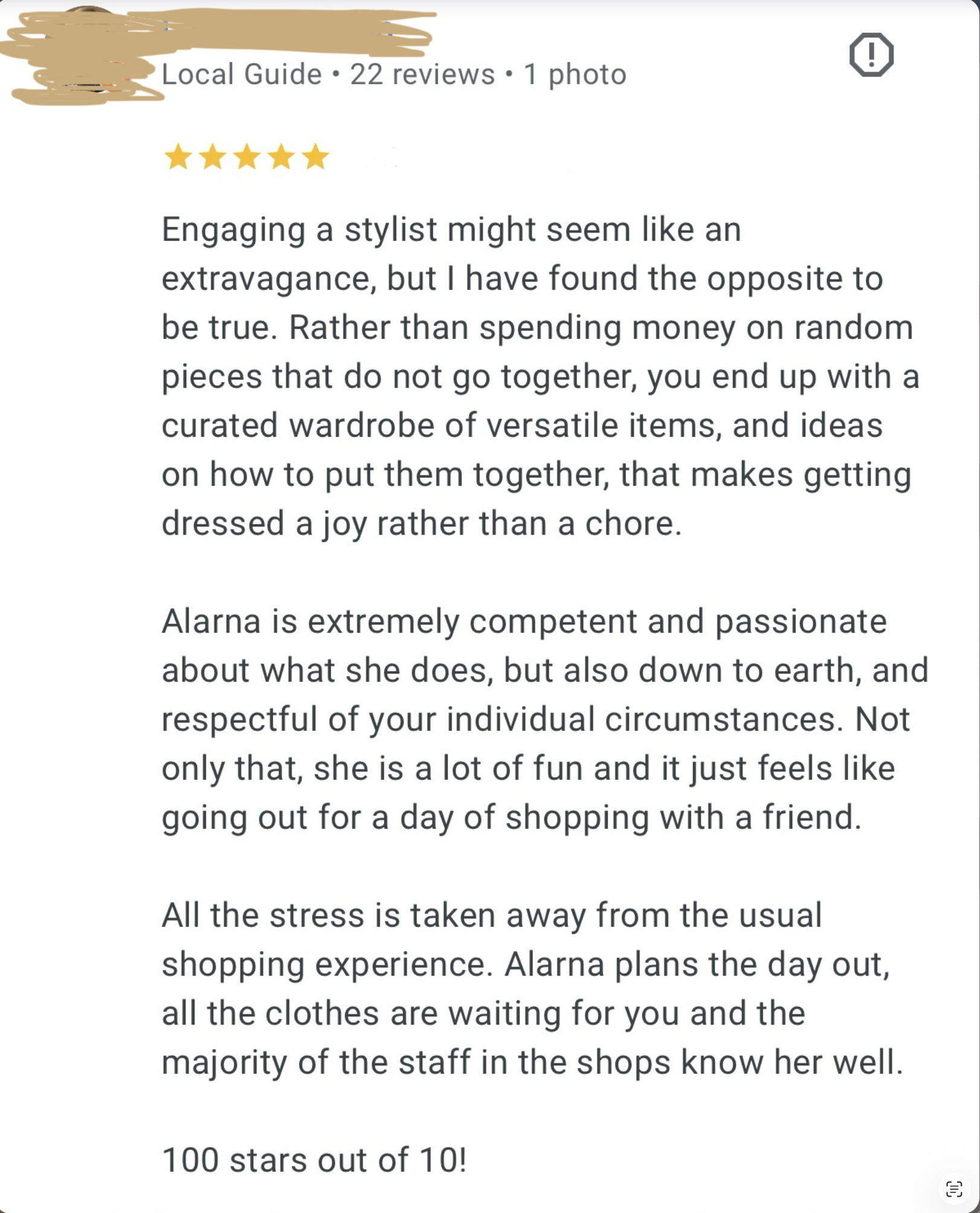 Five-star Google review from a Style Makeover client describing how a curated wardrobe, personalised styling and pre-planned shopping made getting dressed effortless and enjoyable.