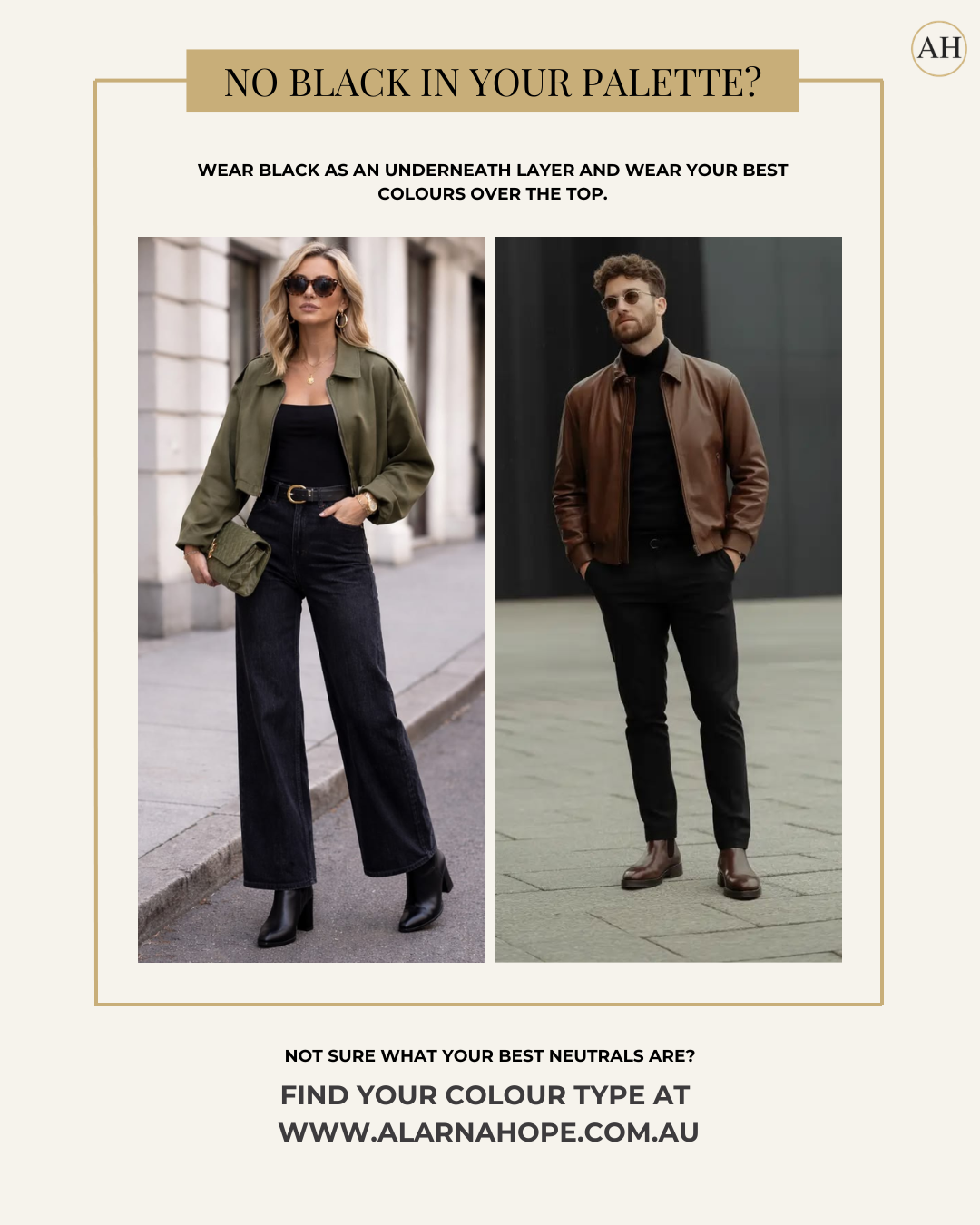Examples of wearing black as an underlayer beneath jackets and knitwear in colours recommended through Colour Analysis.