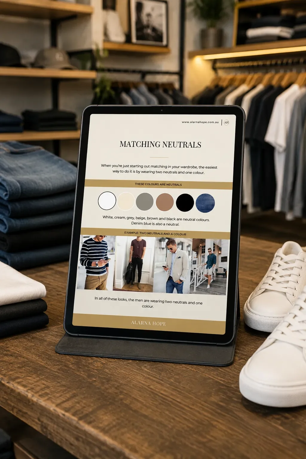 Men's winter outfit formula guide displayed on an iPad in a casual menswear clothing store in Sydney.