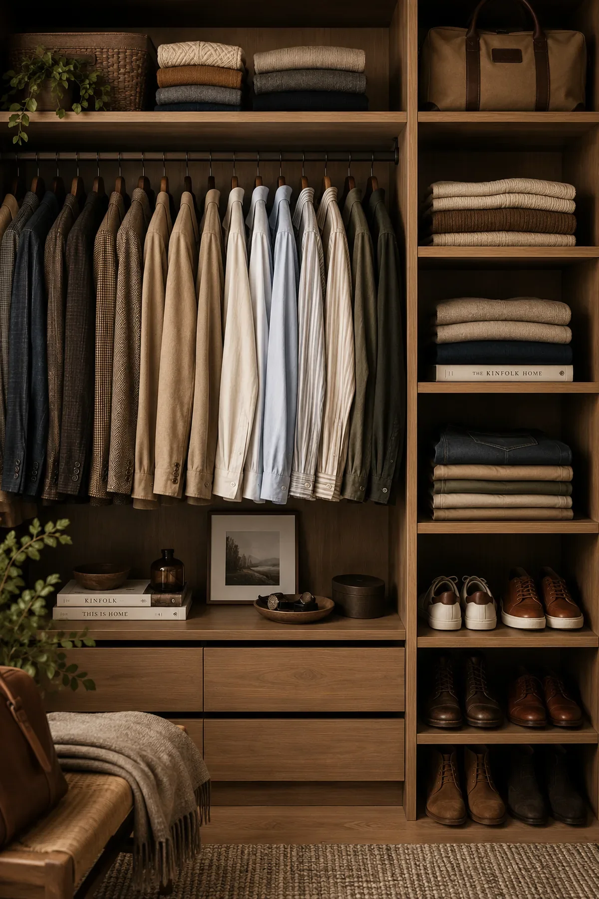 Organised men's capsule wardrobe with coordinated neutral clothing, jackets, knitwear, chinos and shoes created during a personal styling consultation.
