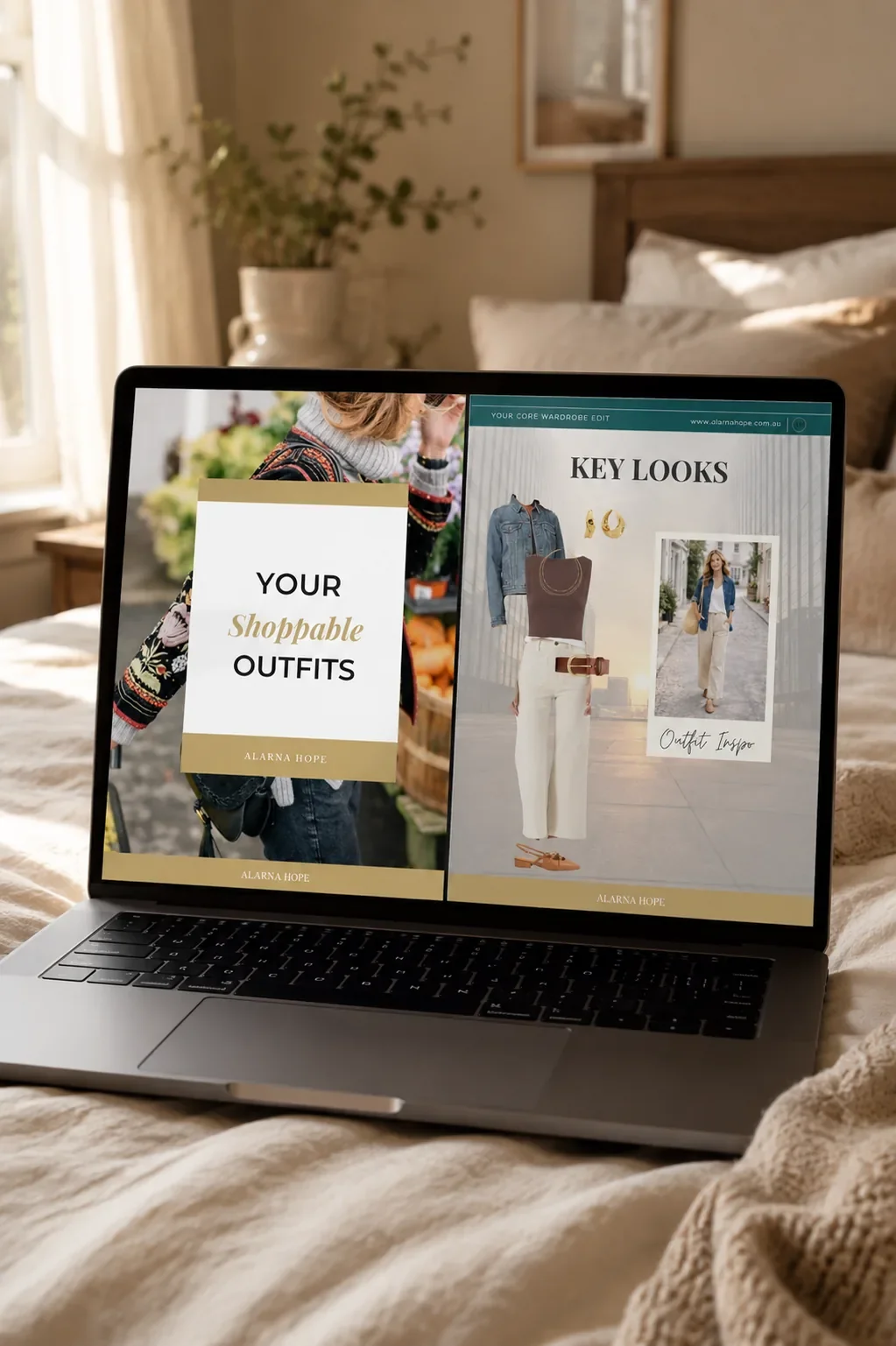 Laptop showing a personalised online wardrobe foundations guide with shoppable outfits and styling recommendations for building a timeless wardrobe.