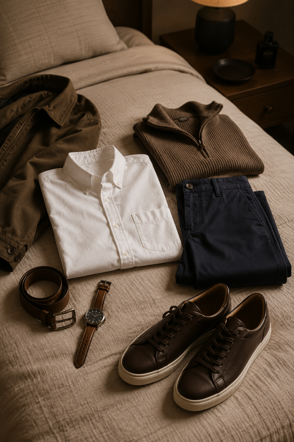 Men's warm neutral flat lay outfits