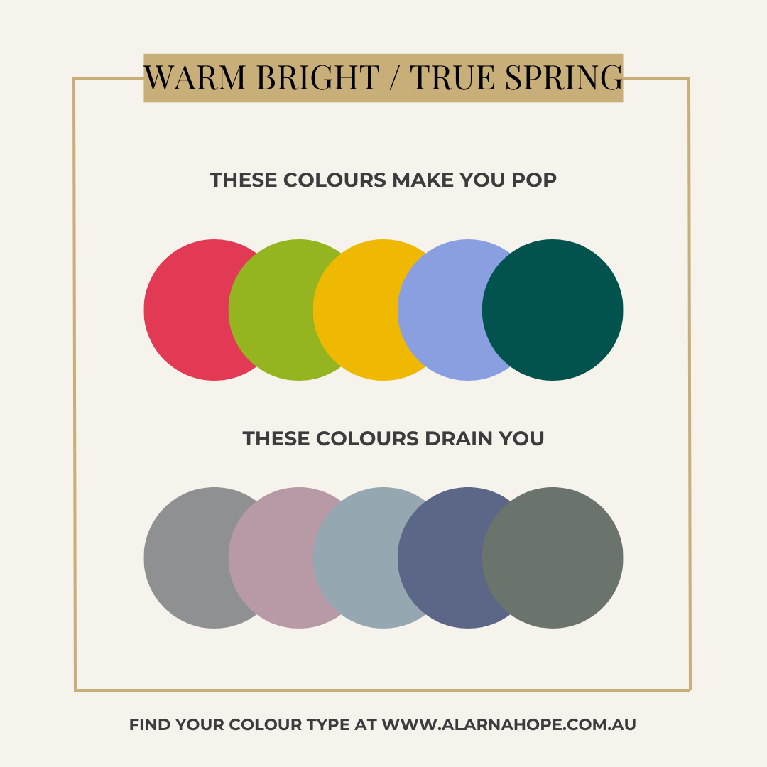 The best and worst colours for a true spring season or warm and bright colour type.