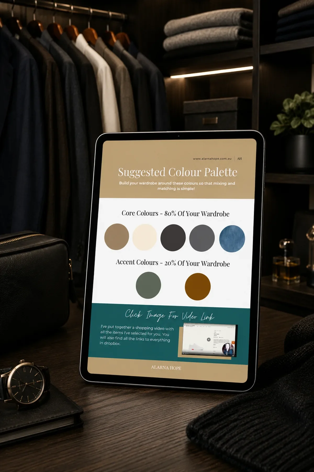 Detailed shopping list shown on an iPad at a desk, featuring a casual capsule wardrobe clients receive after their shopping session.