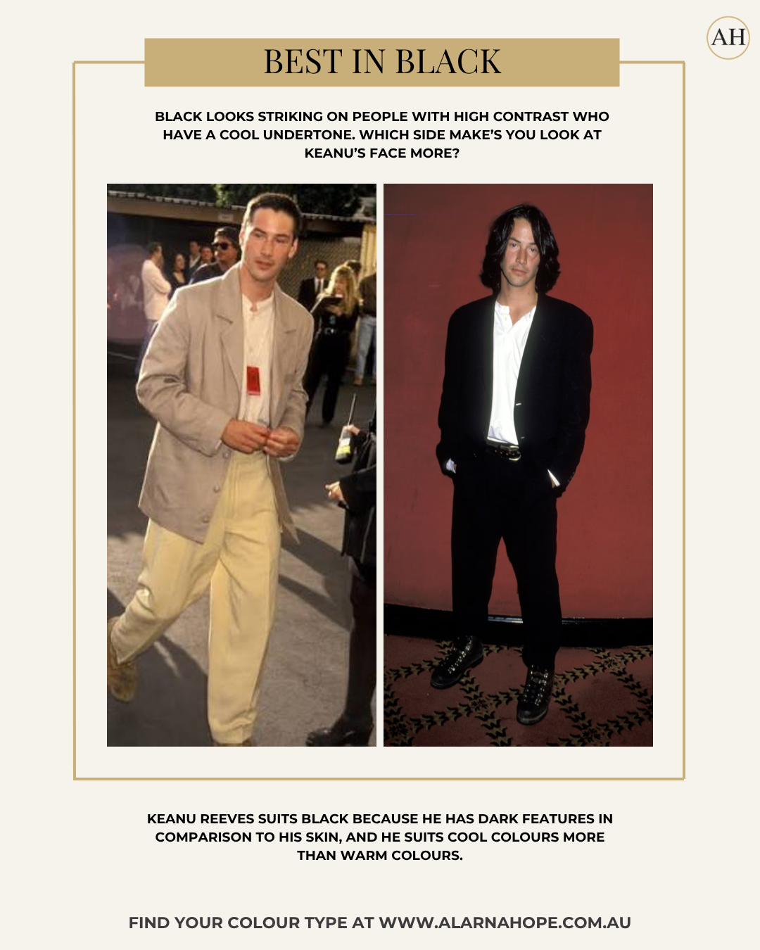 Comparison of Keanu Reeves wearing light neutral clothing and black, showing how black complements high-contrast, cool-toned colouring.