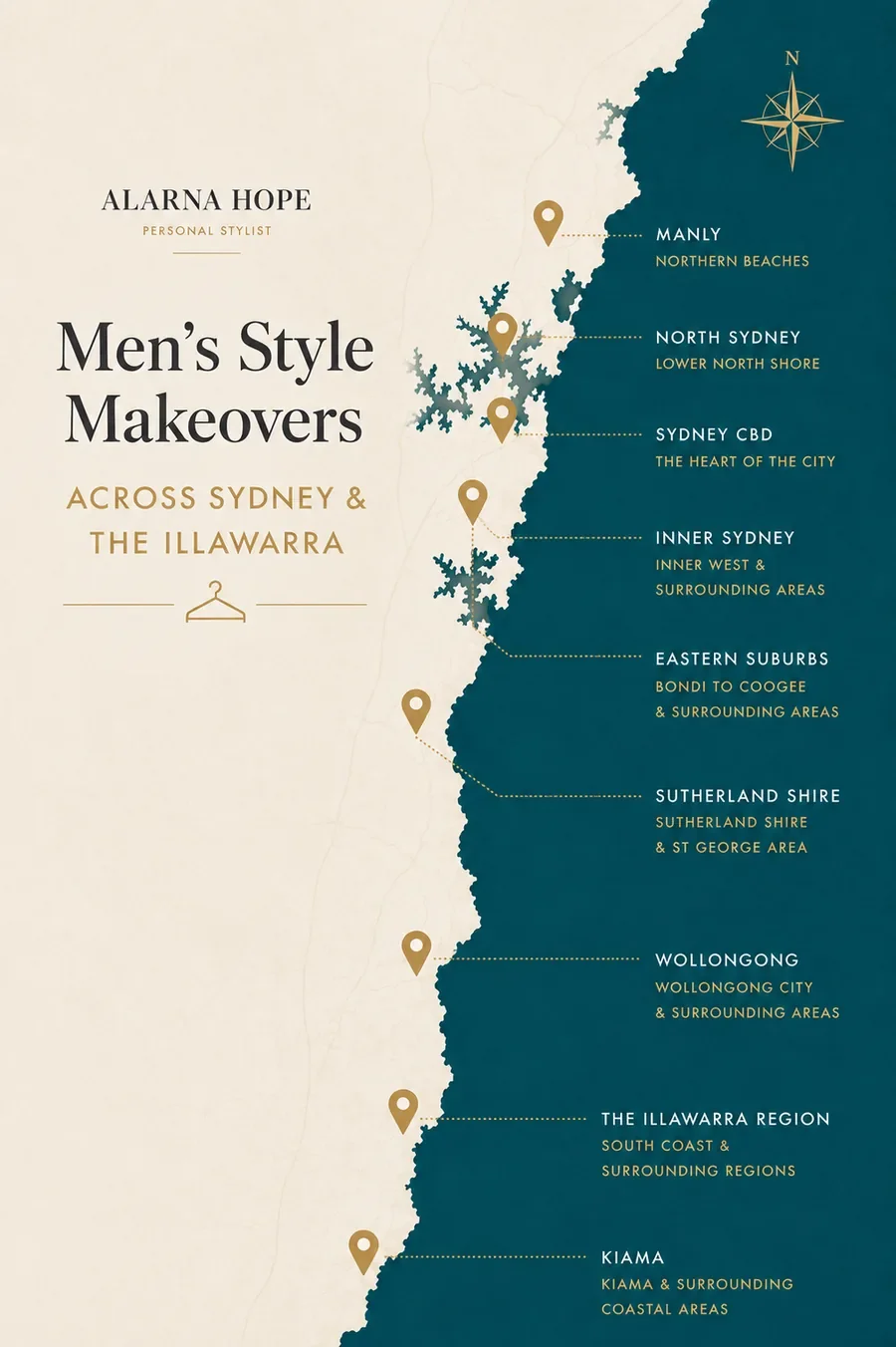 Men's Style Makeovers service area map across Sydney and the Illawarra including Manly, North Sydney, Sydney CBD, Inner Sydney, Eastern Suburbs, Sutherland Shire, Wollongong and Kiama.