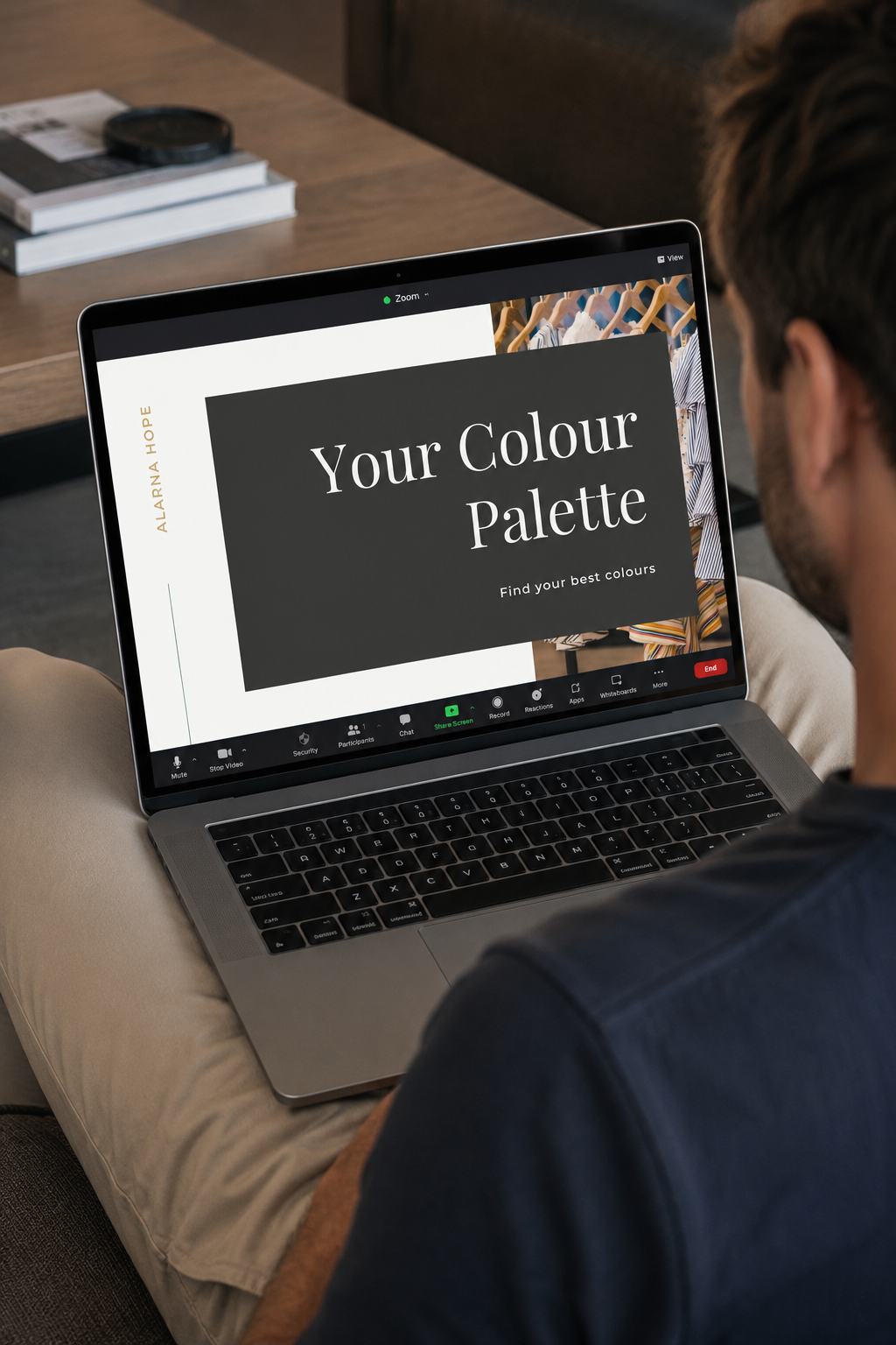 Man watching a recorded virtual colour analysis consultation on a laptop, reviewing his personalised colour palette and styling advice.