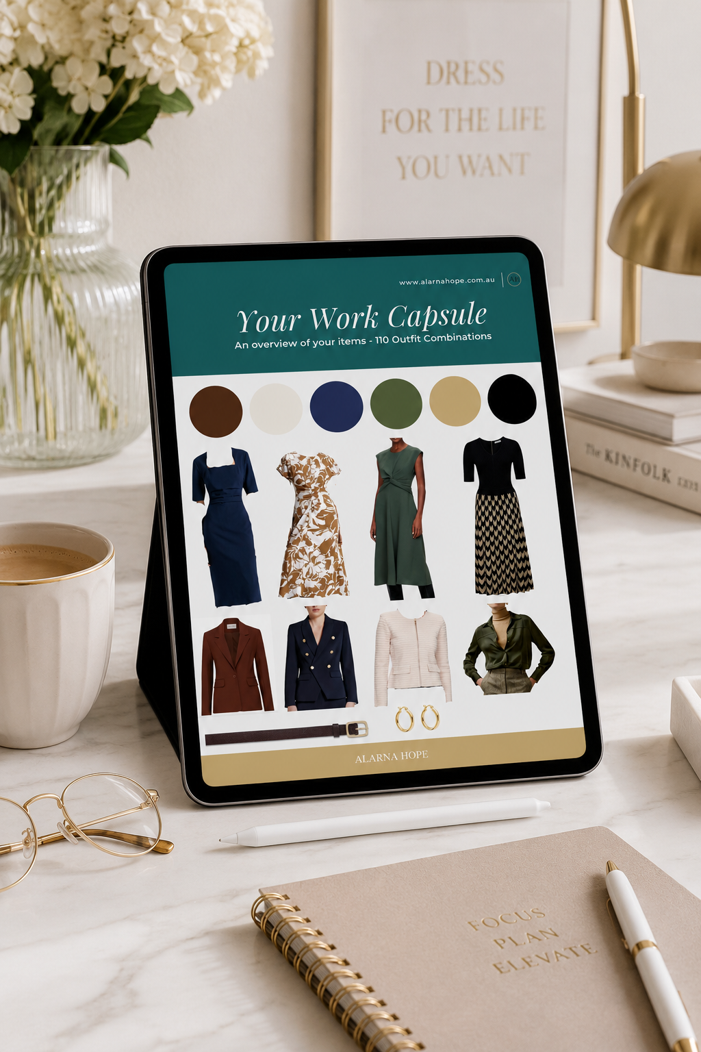 Detailed shopping list shown on an iPad at a desk, featuring a workwear capsule wardrobe clients receive after their shopping session.