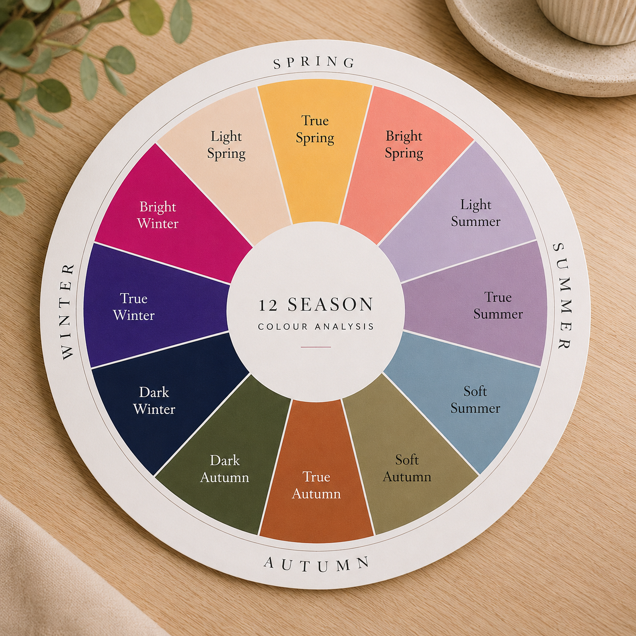 Printed 12-Season Colour Analysis colour wheel on a wooden table, displaying all twelve seasonal colour palettes including the Spring, Summer, Autumn and Winter sub-seasons.