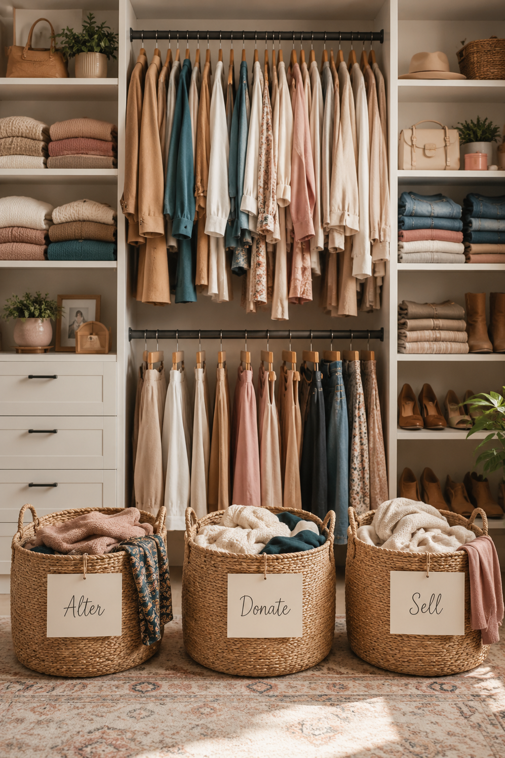 Organised women's wardrobe with neutral clothing, dresses, knitwear and jackets in warm autumn tones, alongside labelled baskets for alter, donate and sell, representing the wardrobe editing process included in a women's Style Makeover.