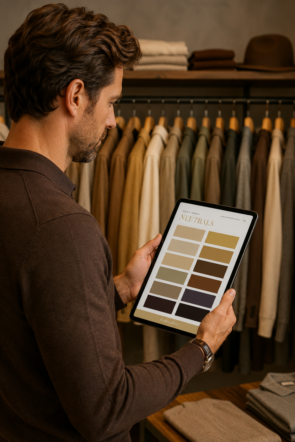 A man standing in a clothing store using his dark autumn colour palette at a rack of clothing.