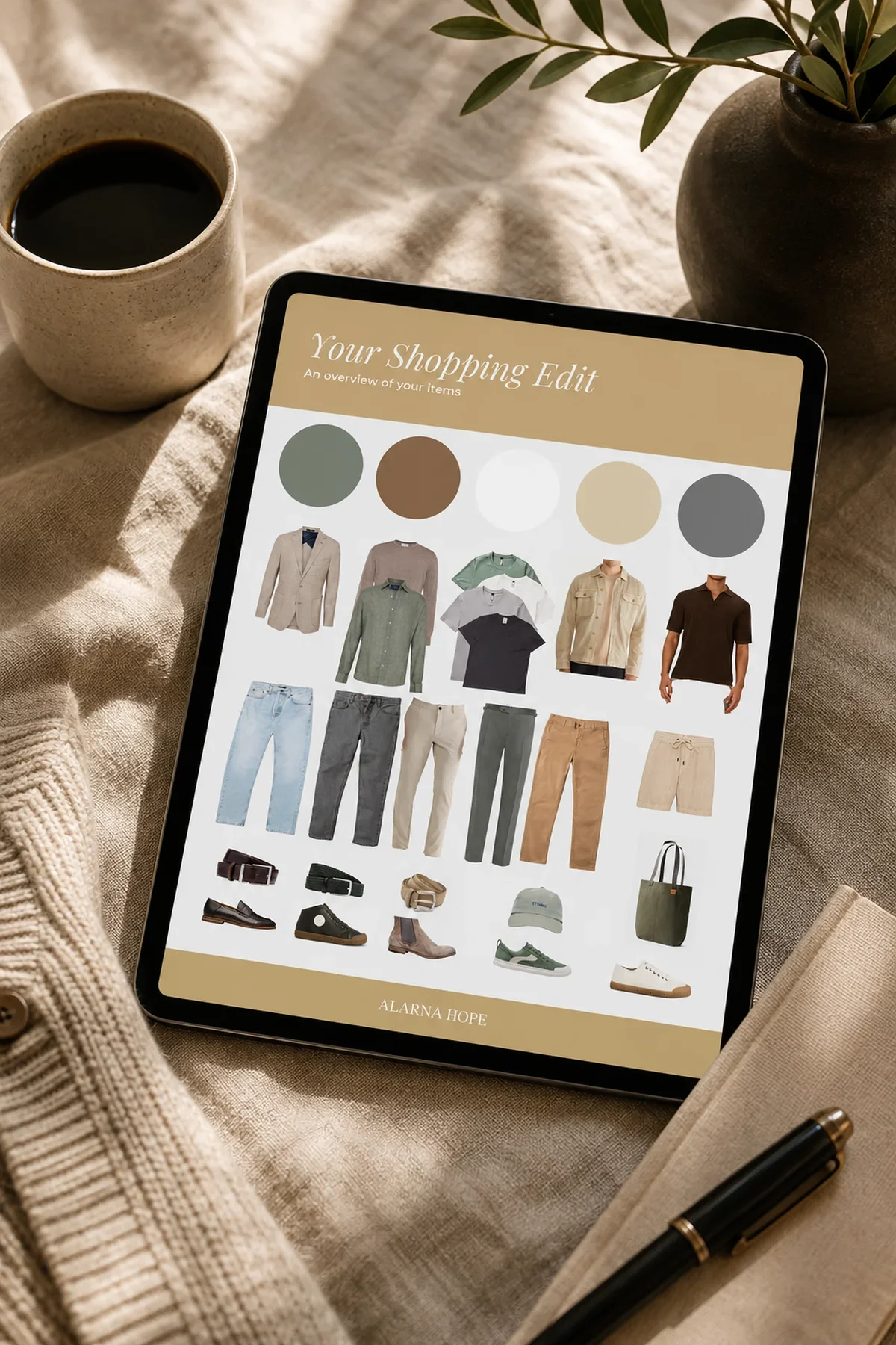 iPad displaying a personalised Wardrobe Foundations shopping edit with curated wardrobe essentials, colour palette and online styling recommendations on a warm neutral workspace.