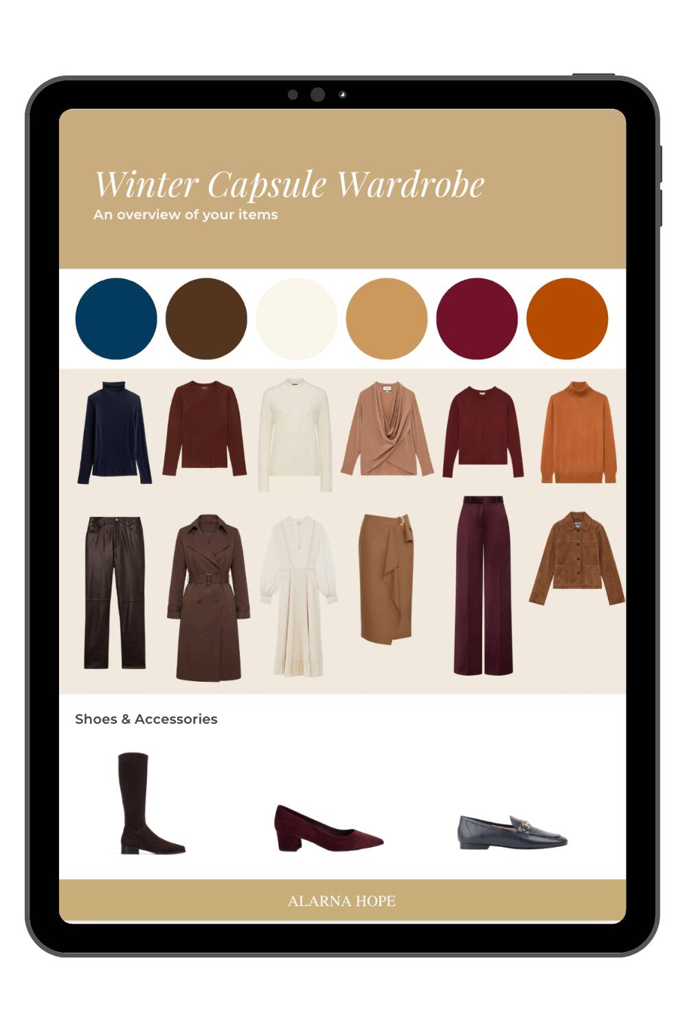 Women’s winter capsule wardrobe in navy, brown, cream, camel, burgundy and rust, with versatile knitwear, trousers, dresses, outerwear and shoes.