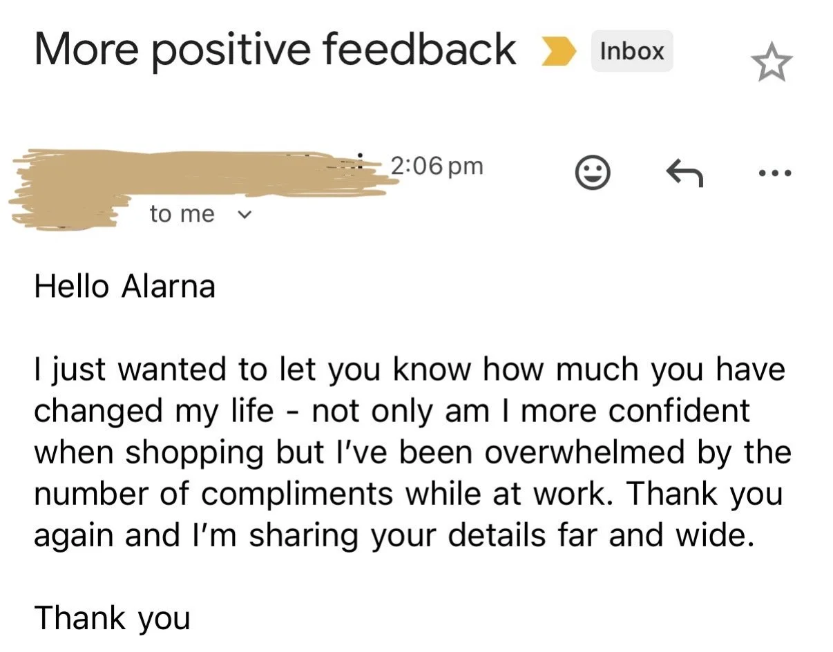 Client testimonial after a personal Colour Analysis, sharing increased confidence when shopping and compliments on her new colours.