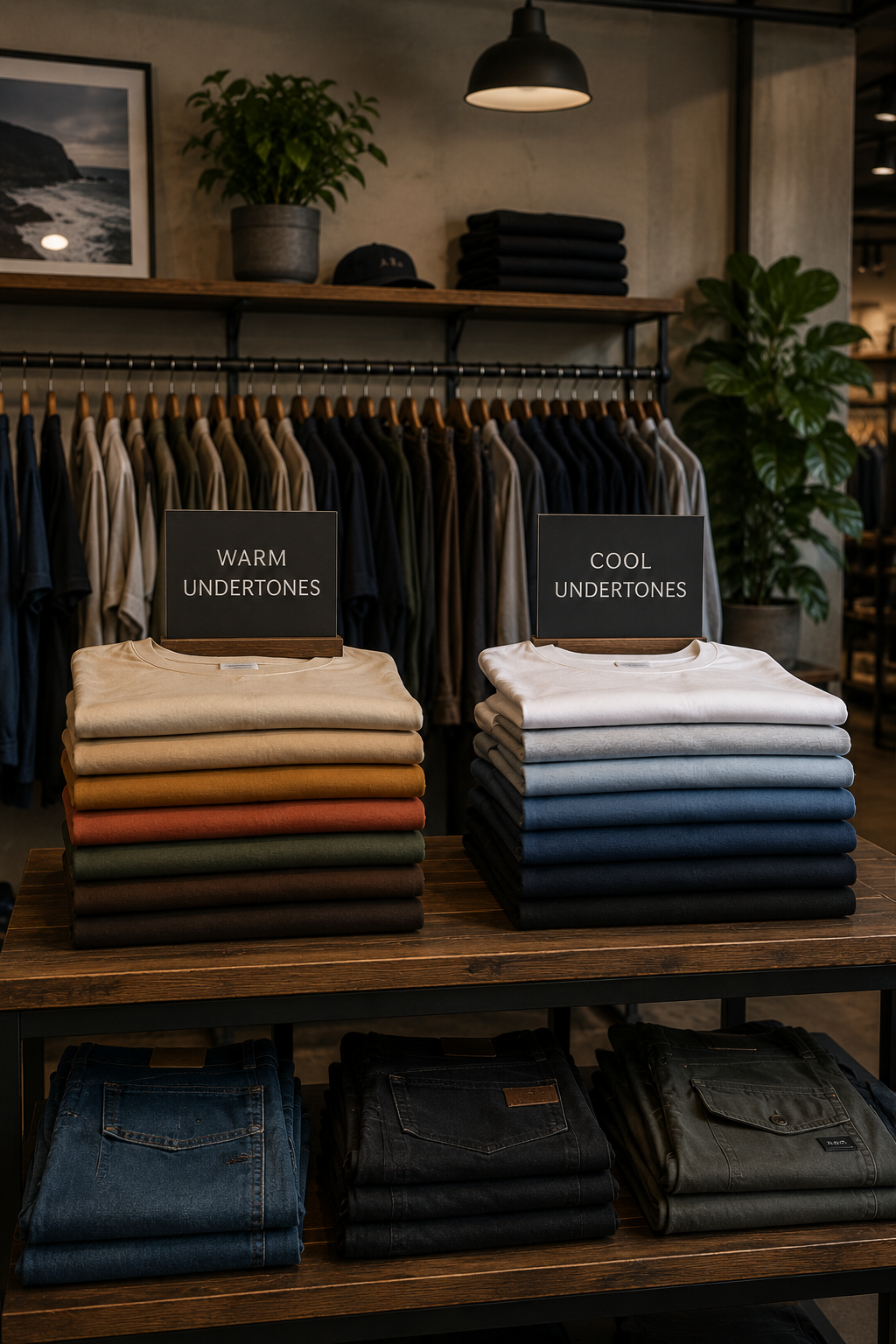 Men’s clothing store display showing warm undertone and cool undertone T-shirt colours for personal colour analysis.