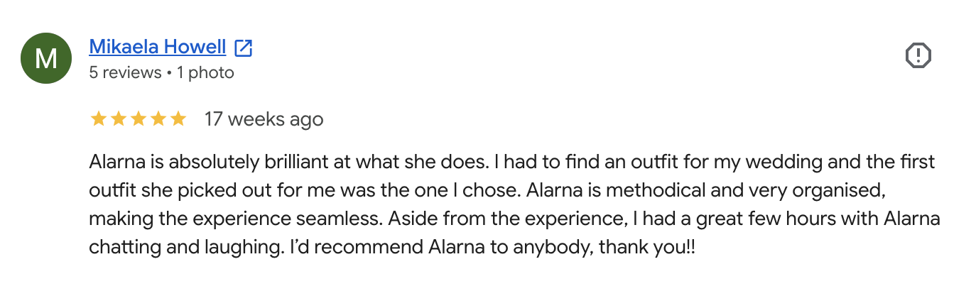 Client testimonial for Alarna Hope Personal Stylist Sydney after a successful wedding outfit shopping session.