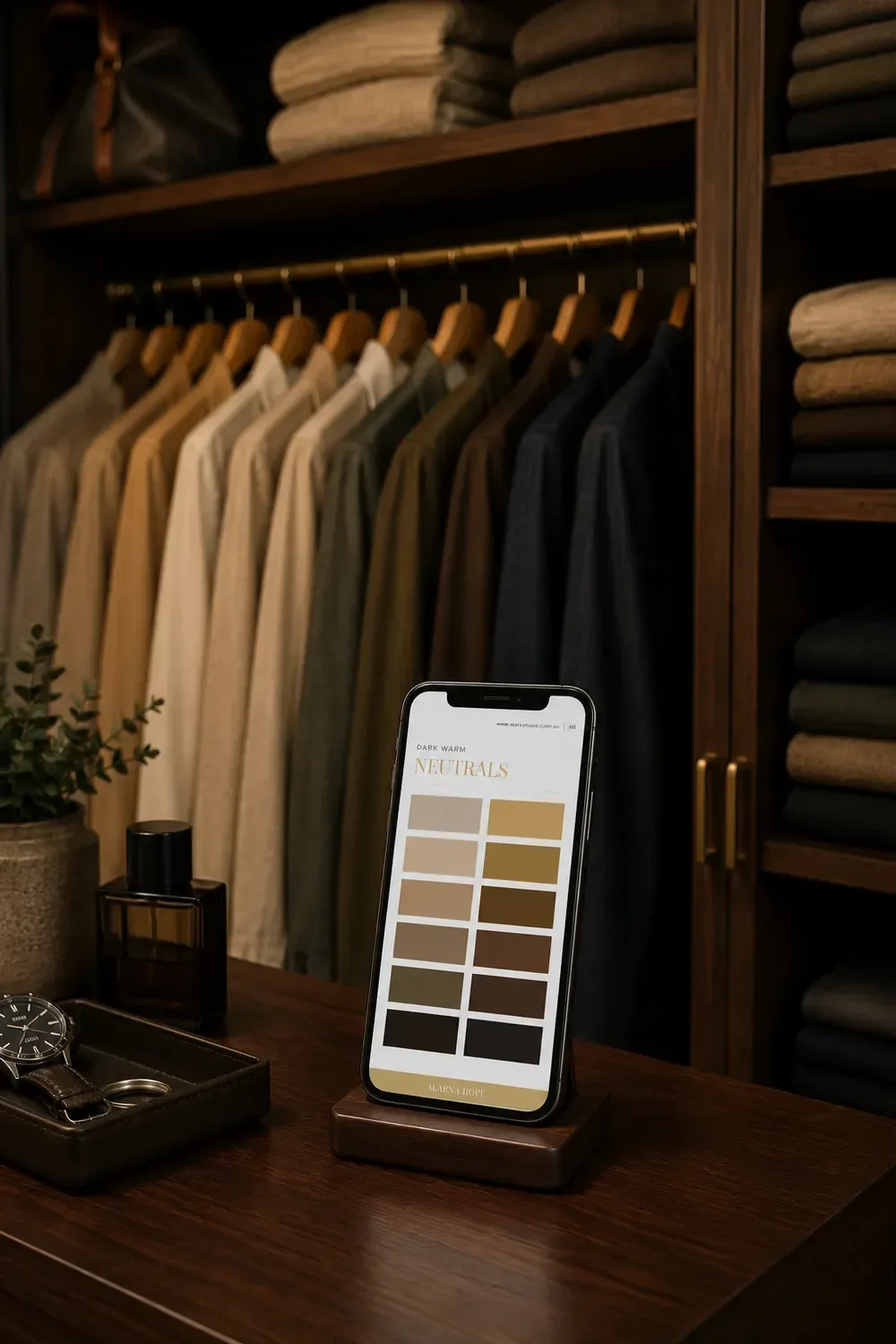 Men's colour analysis guide displayed on a smartphone in a premium menswear store with a capsule wardrobe in the background.
