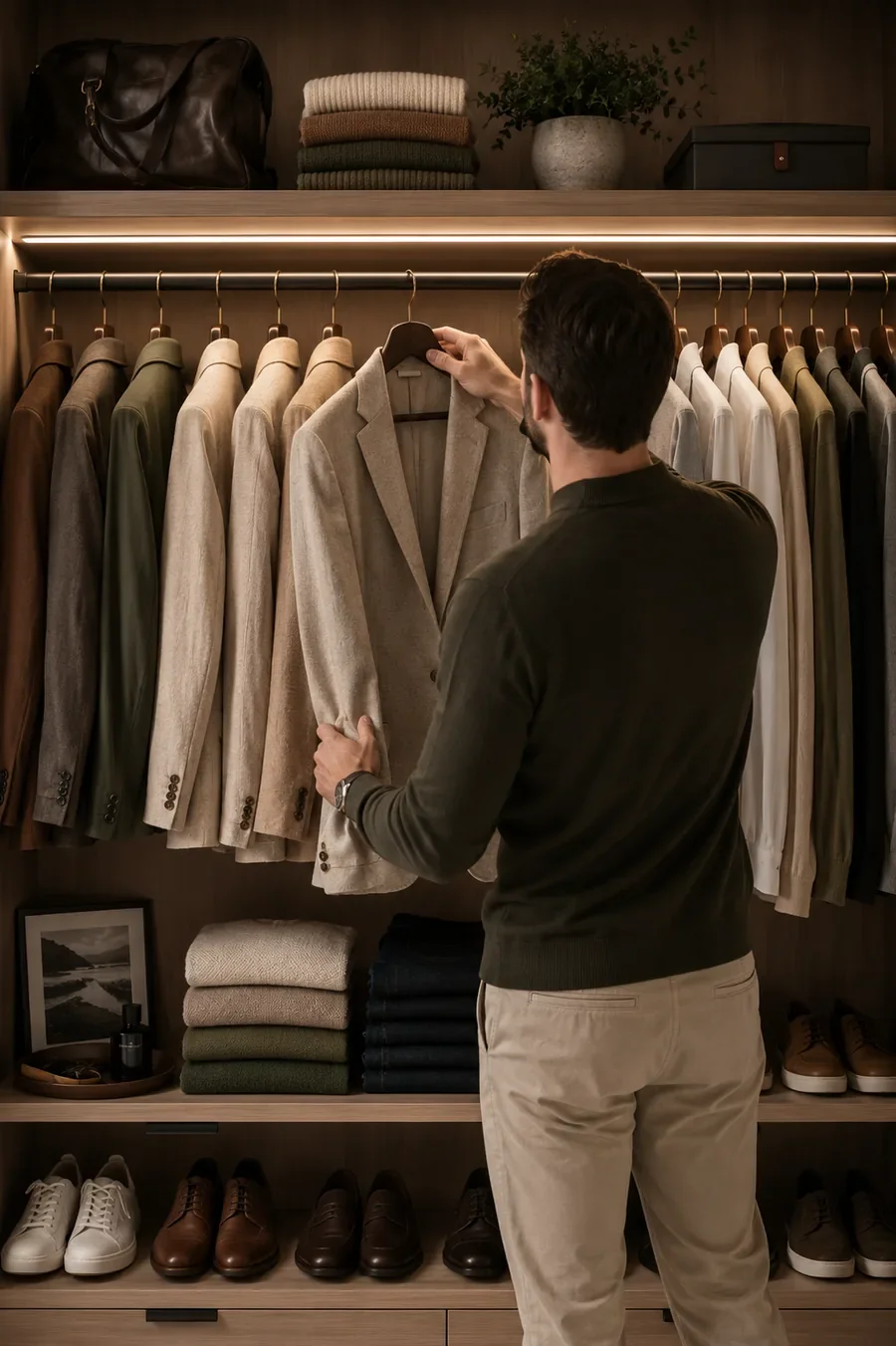 Man placing a blazer into a coordinated casual wardrobe during a men's personal styling session in Sydney
