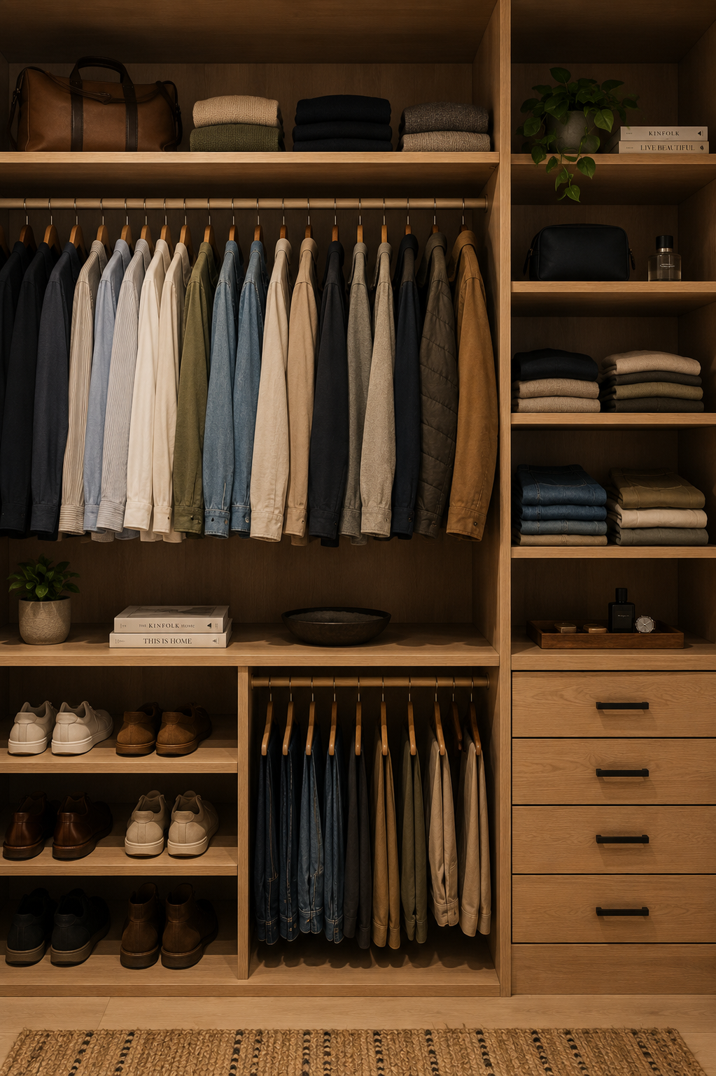 Organised men's capsule wardrobe with casual and business clothing in neutral colours, showing a practical wardrobe designed by a personal stylist.