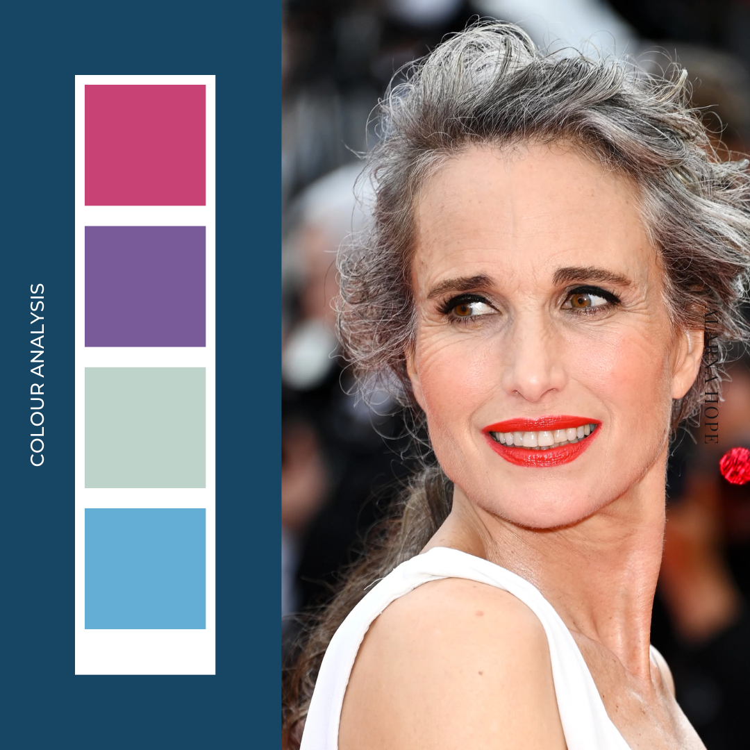 Andie Macdowell in Dark Winter colour palette
