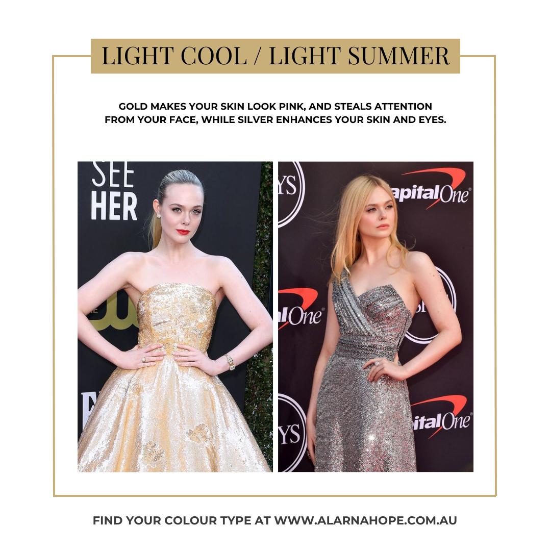 Light Summer Gold vs Silver on Elle Fanning, a light summer celebrity