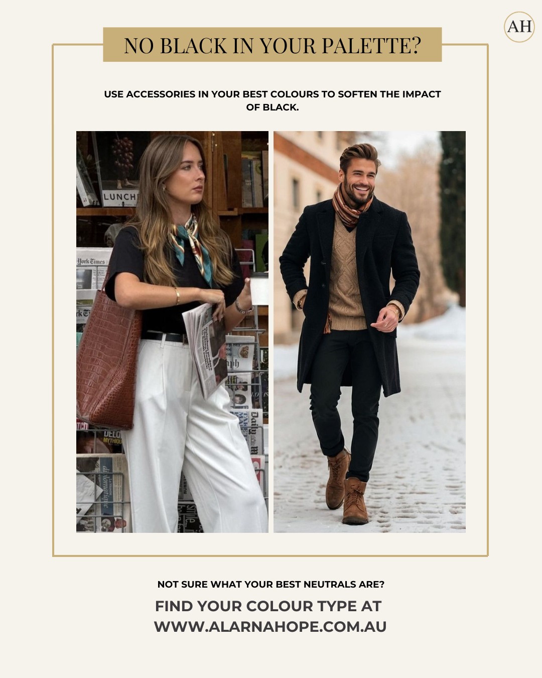 Examples of using scarves, handbags and accessories in your best colours to soften the effect of black clothing.