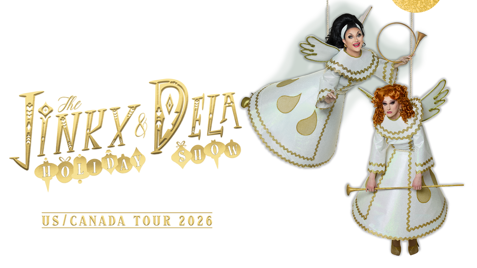 Jinkx and DeLa are dressed like angel ornaments, wearing white dresses with gold rick rack trim, and are hanging from a tree.