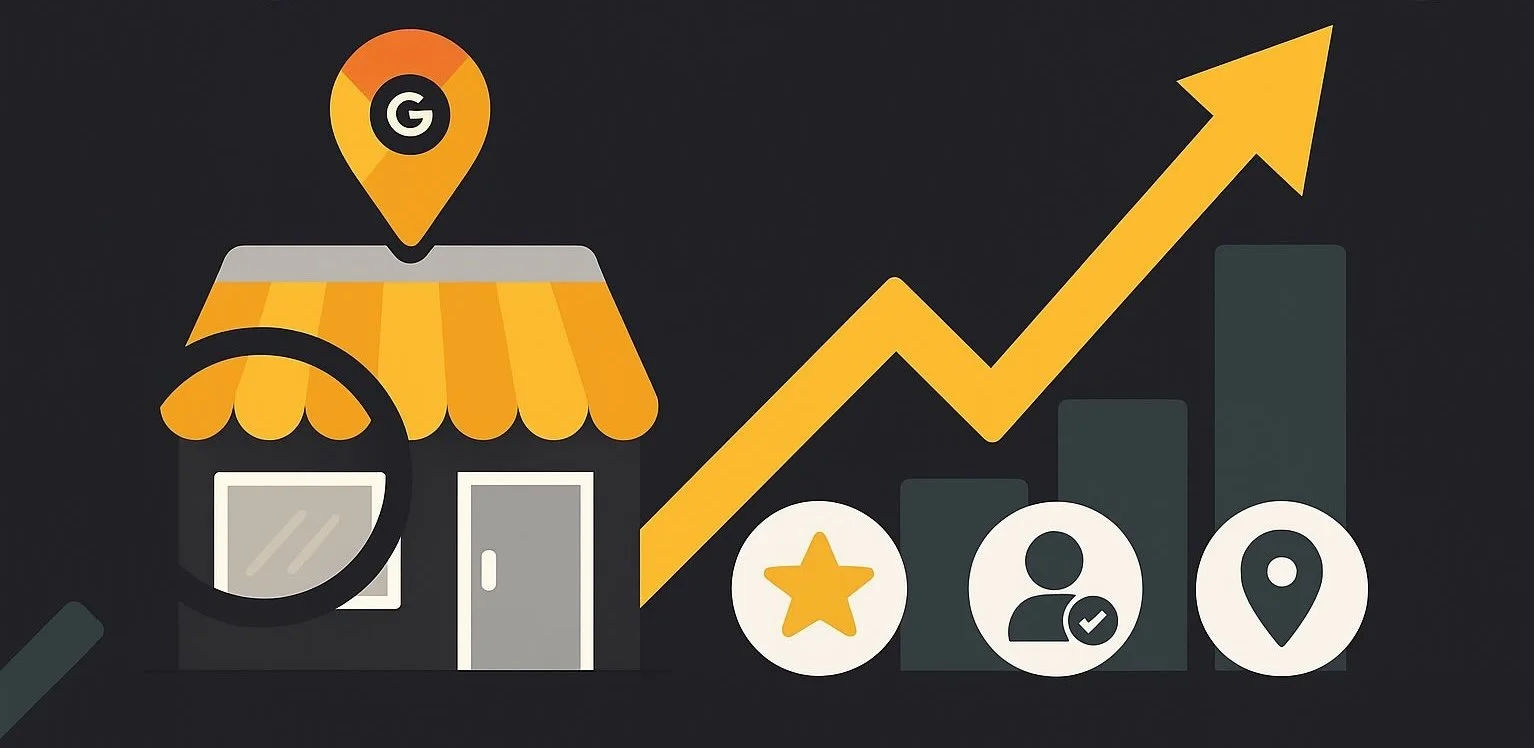 Google Business Profile growth illustration with storefront, map pin, and upward chart