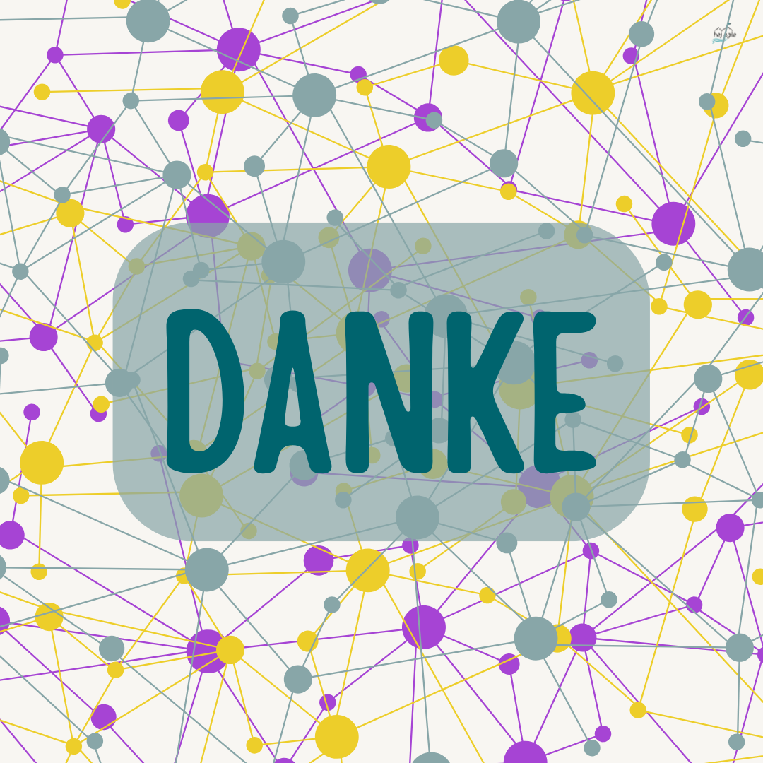 Grafik mit einem Muster aus farbigen, miteinander verbundenen Punkten in Gelb, Lila und Grau; in der Mitte steht auf einem graublauen, halbtransparenten Rechteck das Wort „DANKE“ in großen grünen Buchstaben.