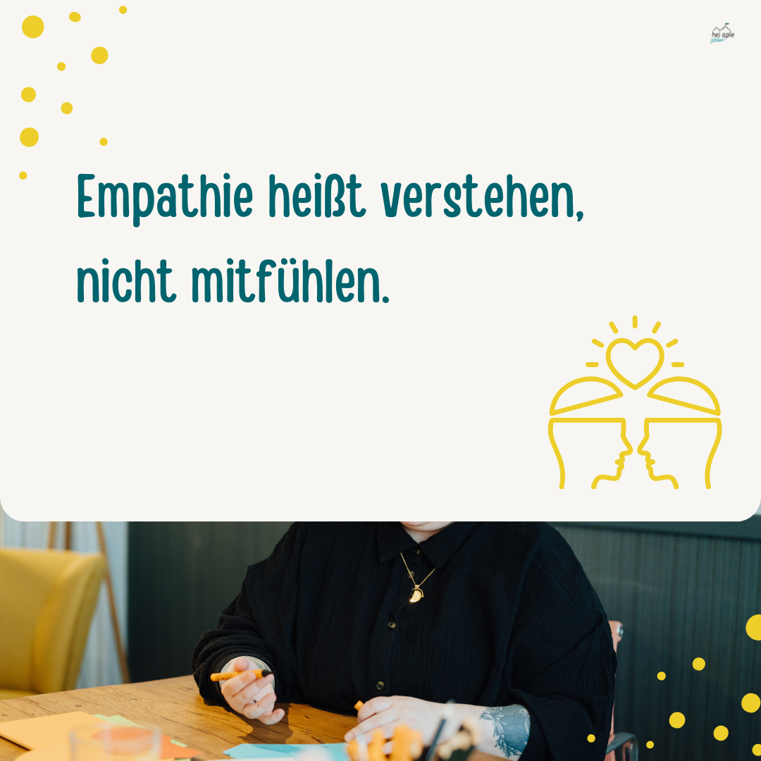 Grafik mit dem Text „Empathie heißt verstehen, nicht mitfühlen.“ und einem gelben Icon mit zwei Kopfprofilen und Herz; darunter ein Foto einer Person, die am Tisch mit bunten Moderationskarten arbeitet.
