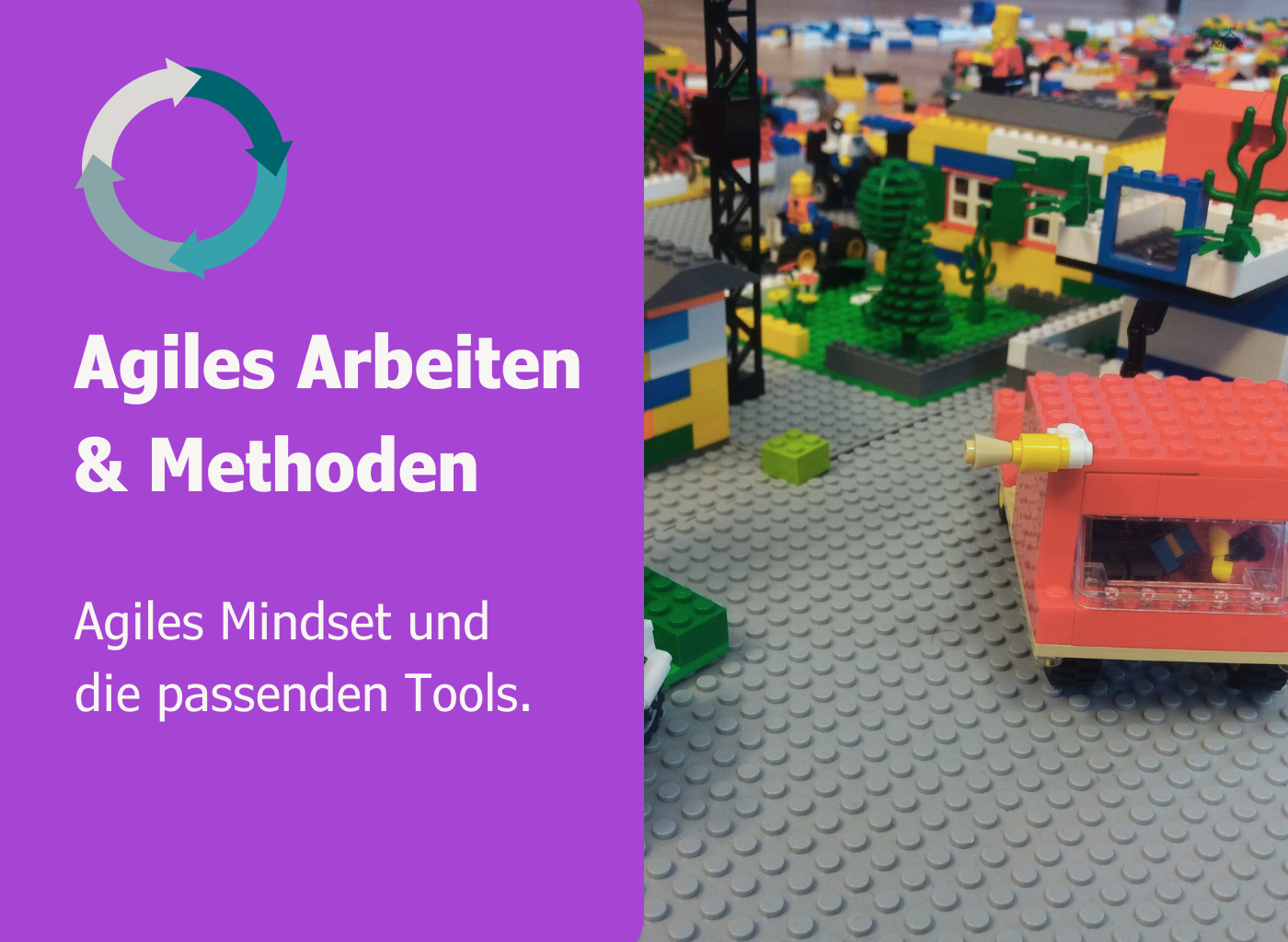 Detailaufnahme einer bunten Lego-Szene aus einem Workshop – Symbol für agiles Arbeiten und kreative Methoden.