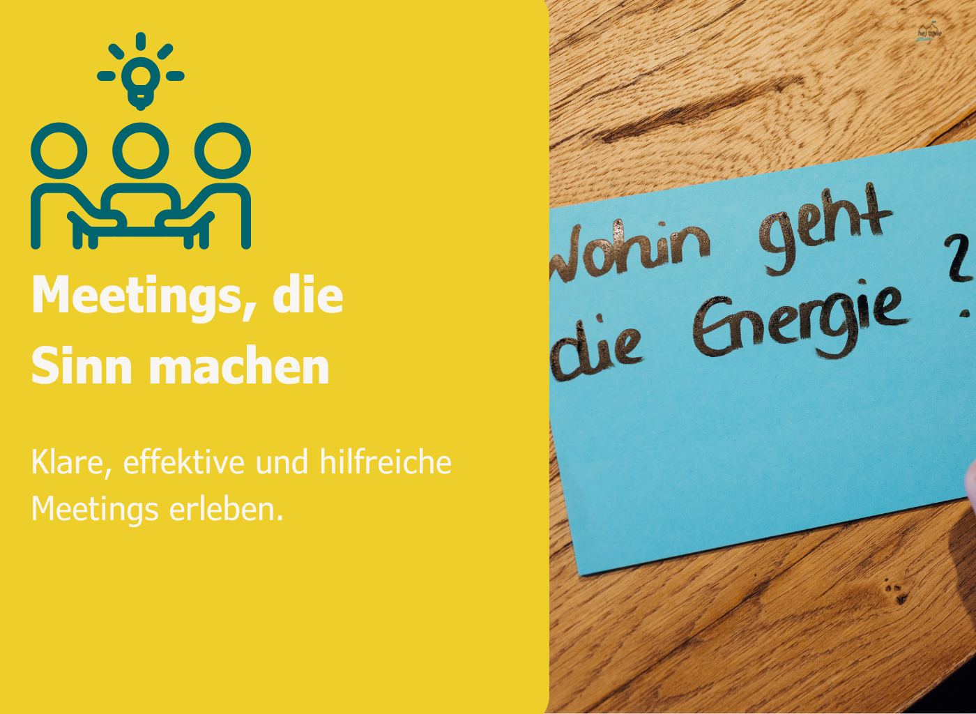 Hand hält eine blaue Moderationskarte mit der Frage „Wohin geht die Energie?“ – Symbol für zielgerichtete und klare Meetings.