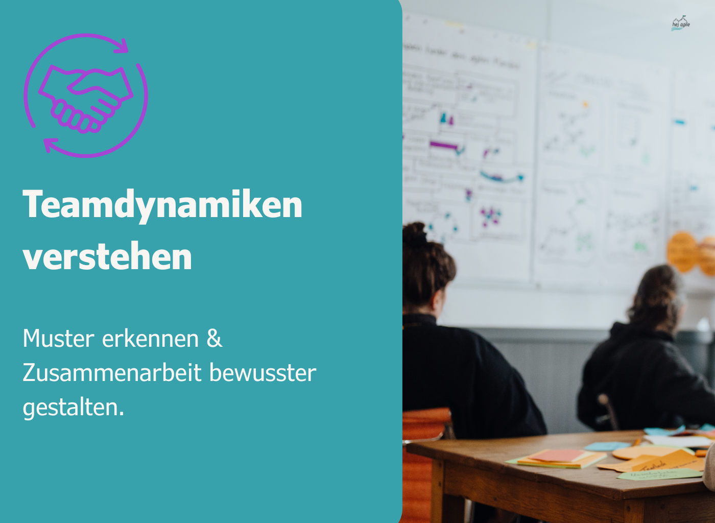 Zwei Personen sitzen vor einem Flipchart mit Workshop-Post-its und Diagrammen – Symbolbild für Teamdynamiken und Zusammenarbeit.