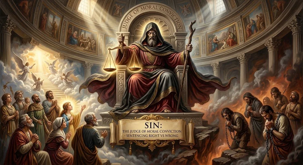 An image of a holy judge, condemning right and wrong through sin