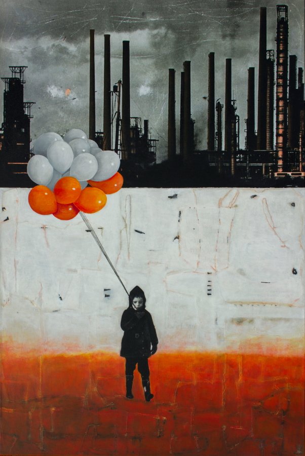 LIFT ME UP  II, 2019,  2021, painting, mixed media on canvas, urban, industrial landscape,children,  120 x 80 x 2 cm.JPG