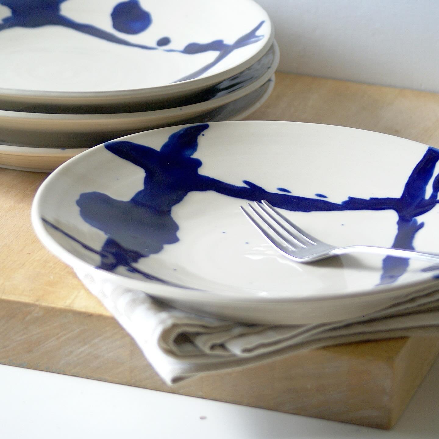 The next shop update will be in a couple of weeks, when I&rsquo;ll be adding these plates. Each one has a delicate dish like shape that gently curves into the centre. You might have seen me adding the cobalt blue to these using a spoon in my stories.